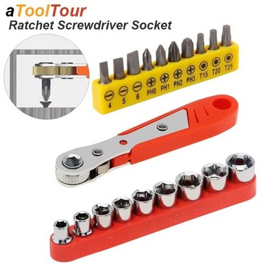 Ratcheting Right Angle Screwdriver Hex Drive 90 Degree Offset + 10PCS Bits Set