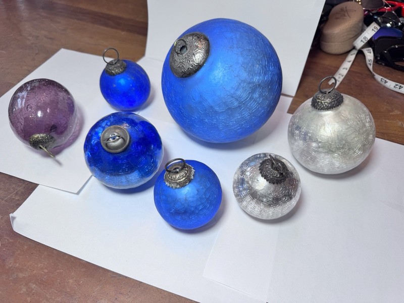 Lot of 7 Vintage Crackle Glass German Kugel Christmas Ornaments - 5" and More