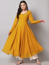 Indian Women Georgette Yellow Sequins Work Anarkali Kurta Kurti Long New Dress