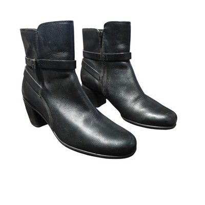 ECCO Cushioned Bootie Block Heel Black Leather Womens EU Size 41 Us 9.5