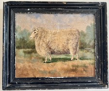 Antique Naive Primitive Prize Sheep Oil Painting Victorian Folk Art Oil on Board