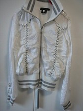 Q Neslay Bomberjacke Gr S/M weiß-silber Ballonseide Straß Klappen gr. Rückenlogo