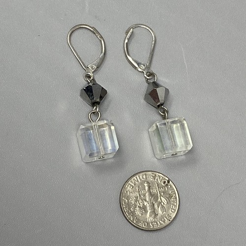 Dangle Drop Earrings Aurora Borealis Cube Bicone Crystal Beads Metallic 1.25" - Picture 7 of 8