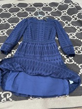 J. Crew Women's Dress Navy Blue Eyelet Embroidered Puff Sleeve Fit Flare Size 00