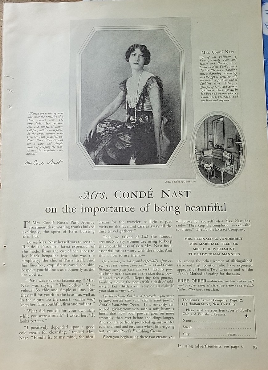 1925 Pond&rsquo;s Cold Cream Mrs. Conde Nast Photo Vintage Cosmetic Ad 