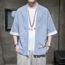 Herren Kimono 3/4 Ärmel Shirt Jacke Yukata Kran Muster Strickjacke Dünn Locker
