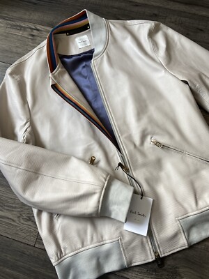 Paul Smith Grau Leder Hell Streifen Rand Bomber Jacke Größe L Einzelhandel