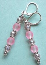 FACETED  FROSTED white and pink drop earring SP LEVERBACK hook HANDCRAFTED
