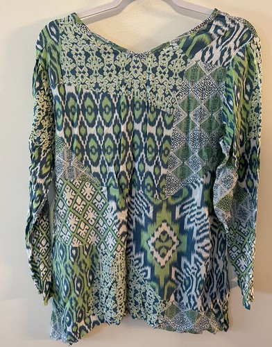 Nomadic Traders Tunic Blouse Women Medium Rayon Green/Blue Long Sleeve V-neck - Picture 2 of 5