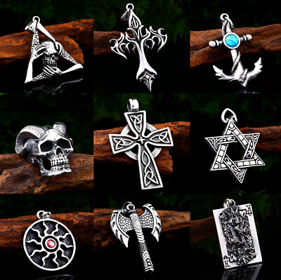 Mens Gothic Punk Skull / Cross / Viking Axe / Star of David Pendant Necklace 24''
