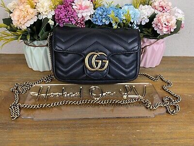 Authentic Gucci Marmont Matelassé Super Mini Black Crossbody Handbag 