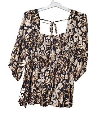 Ava & Viv Blouse Women s Size 3X Black and Gold Floral Puff Sleeves 100% Cotton