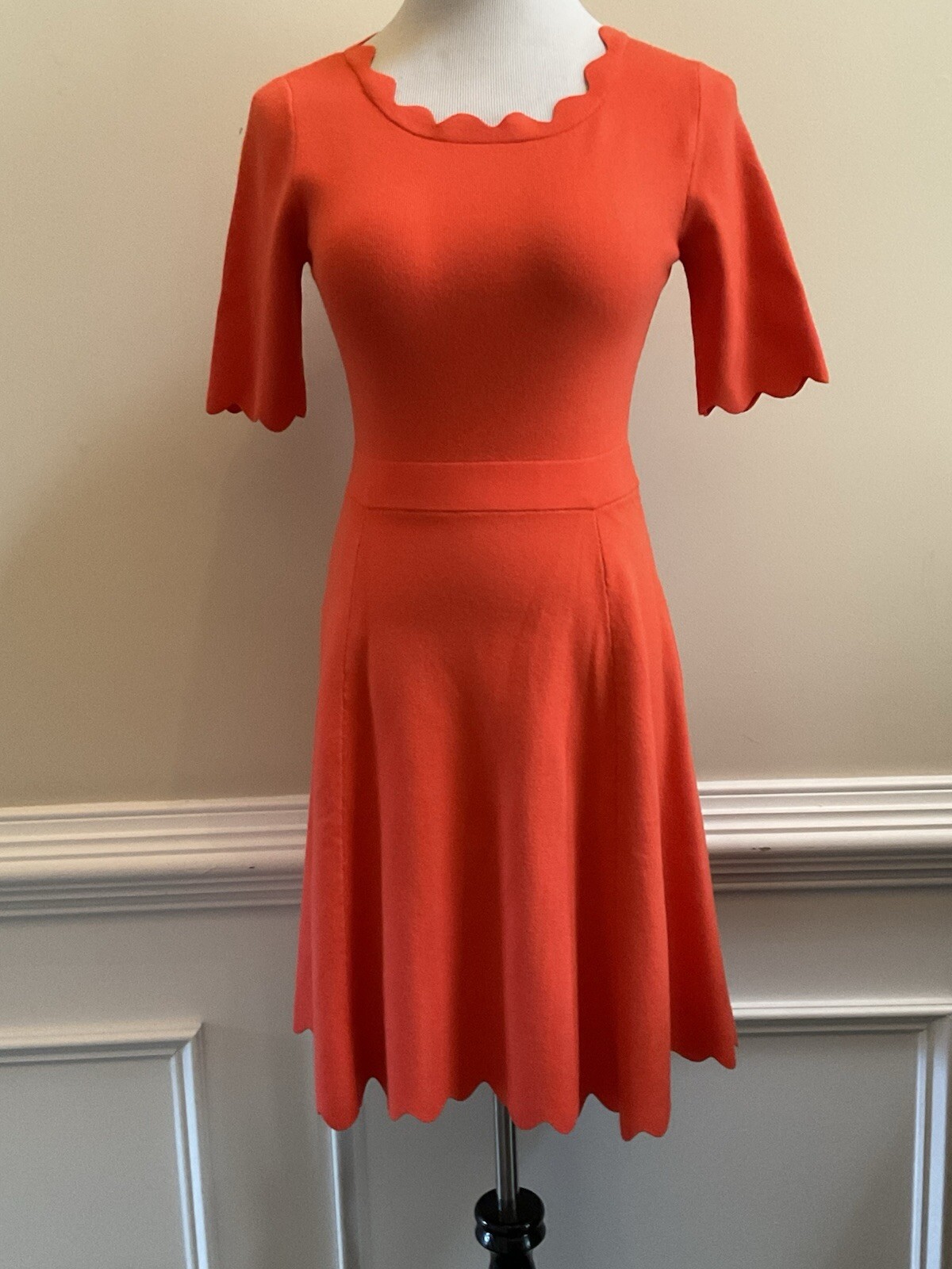 MILLY Petite Scallop Details Fit Flare Orange Knit Skater Dress Size P