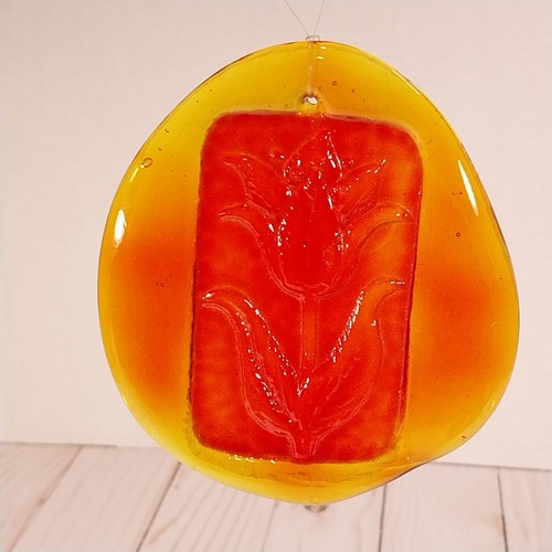 Blenko Tangerine Amberina Tulip Flower Pressed Art Glass Suncatcher Ornament 4"