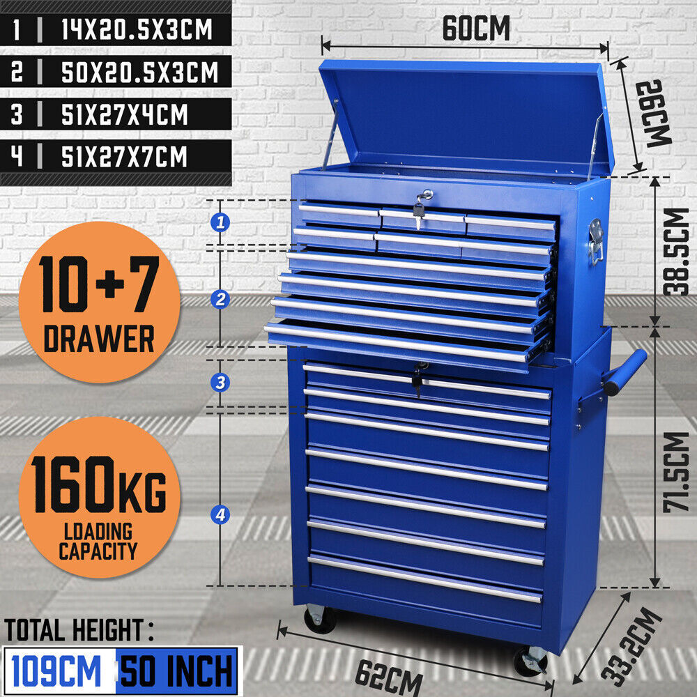 Blue 17 Drawer Tool Box Trolley Storage Cart Garage Organiser
