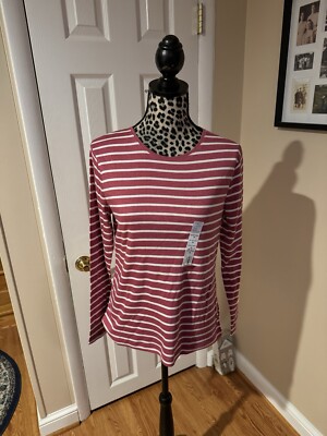 Croft & Barrow Women's Long Sleeve Crew T-Shirt PM Pink White Stripe 100% Cotton