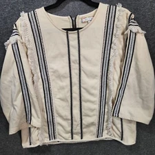 Eri + Ali x Anthro Santillana Boxy Fringe Blouse Top Ivory 3/4 Sleeve Size Large