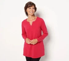 Denim & Co. Essentials Jersey V-Neck Tunic with Side Slits-Rose Red-XL-A461930