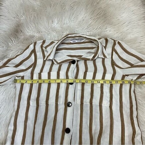 ZARA boho cream tan striped linen buttoned belted collared shirt midi dress S - Picture 7 of 11