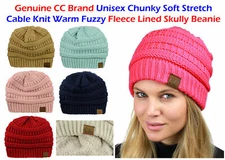 CC Beanie Women's  FLEECE LINED Chunky Soft Stretch Cable Knit Warm Fuzzy Beanie