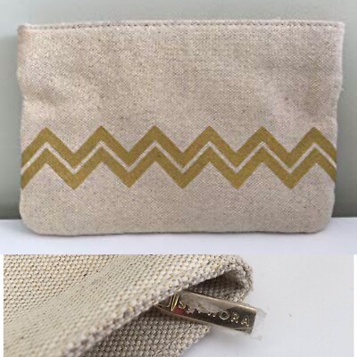 SEPHORA Gold-Tone Beige Shimmer Chevron Zig Zag Canvas Makeup Bag Cosmetic Case