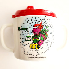 1993 Barney Purple Dinosaur Sippy Cup Christmas Baby Bop VTG Double Handle F12