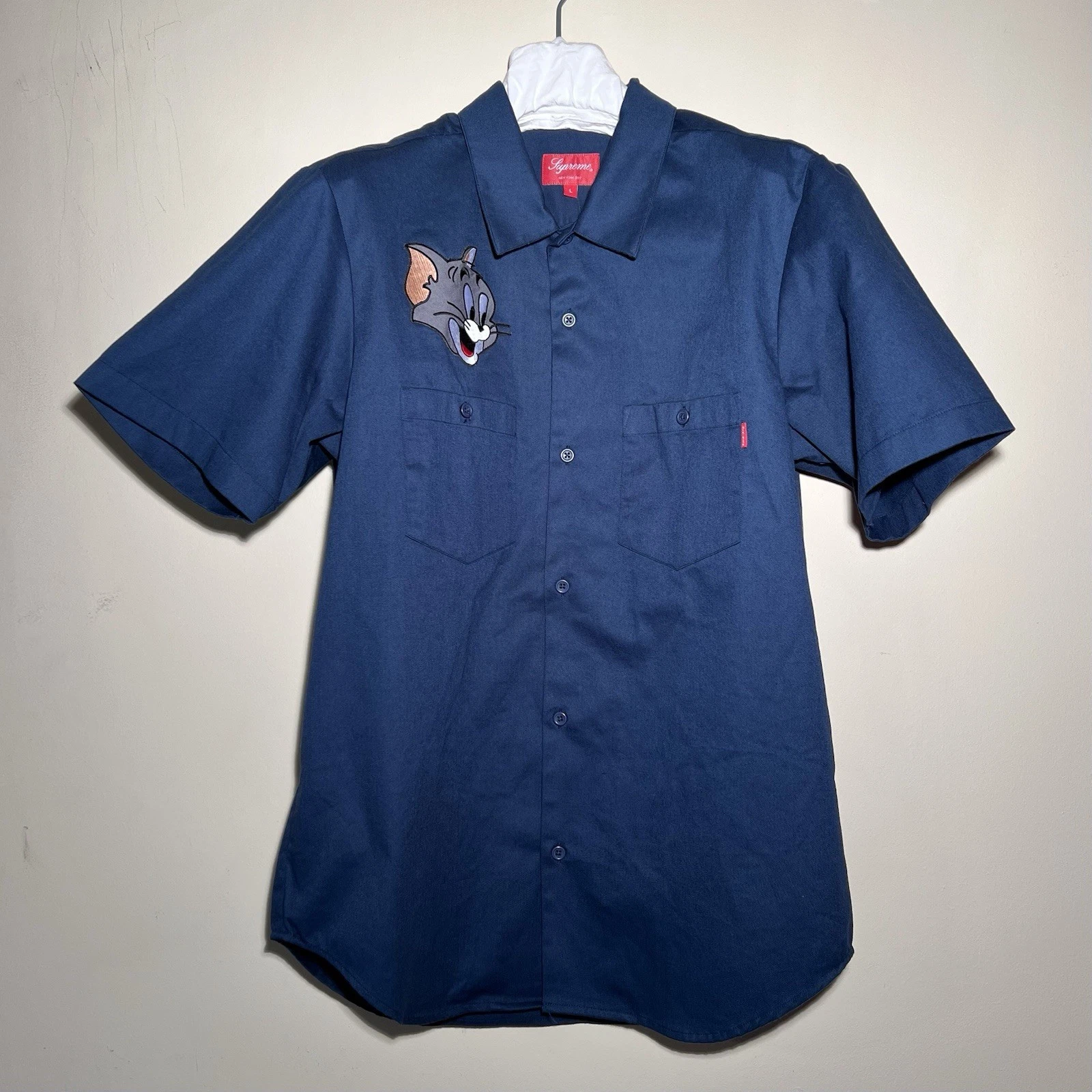 Chemise de travail FW16 SUPREME Tom & Jerry S/S bleu marine taille L GRAND rare 2016