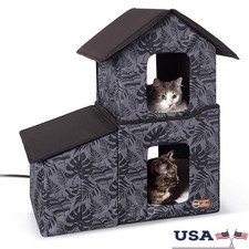 Heated Multi-Cat Shelter Two Story Cat House W/ Dining Room Outdoor Cats New