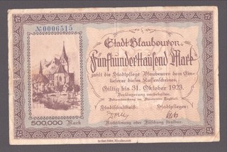 Blaubeuren Stadt; 500.000 Mark gültig bis 31. Oktober 1923