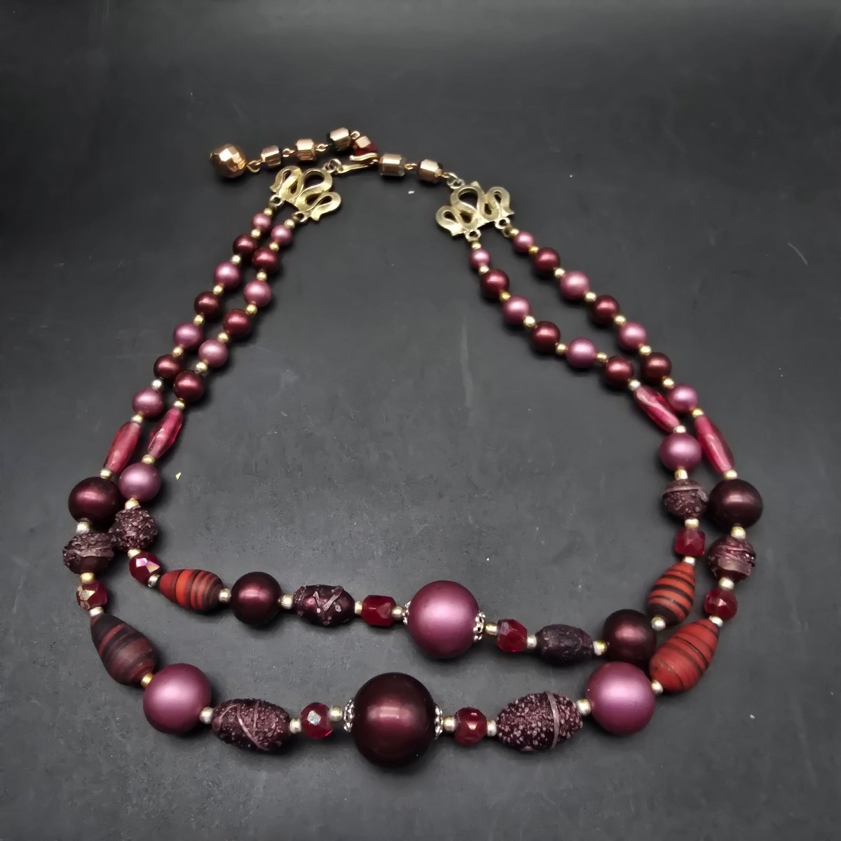Vintage Japan Purple Red Beaded Necklace Double Strand Multi Layer View 2