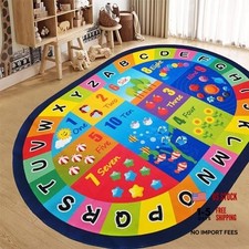 Large Oval Kids Rug, ABC Alphabet Numbers Educational Fun 6Ftx9Ft Blue