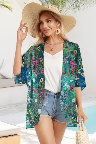 Women's Floral Print Puff Sleeve Kimono Cardigan Loose Cover Up Medium Green - Picture 4 of 7