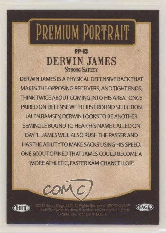 2018 Sage Hit Premium Portrait Derwin James #PP-13 Rookie RC - Image 2 of 2