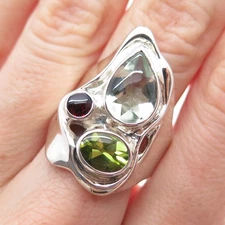 HAGIT GORALI Sterling Silver Vintage Green Amethyst Garnet & Peridot Ring Size 9