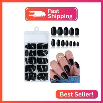 Lifextol Short Press on Nails Almond Fake Nails Black, 240 Round Almond Press on