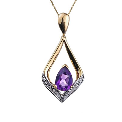 9ct Amethyst Necklace Diamond Yellow Gold 0.59ct Purple Pear Natural Gemstone