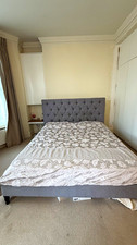 Grey Upholstered Super King Bed Frame with Tufted Button Headboard, Slatted Base