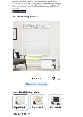 LazBlinds Cordless No Drill Cellular Shade Light Filtering White 33 x 64