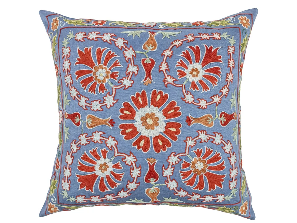 Silk Suzani Embroidered Pillow Cover 20x20 in Sky Blue Cream Designer Accent - Image 2 of 4