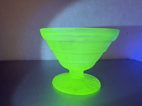Vintage Uranium Green Satin Block Optic Sherbet Dish Depression Glass