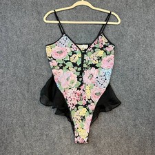 Vintage Victoria s Secret Floral Bodysuit Size S Black Multicolor Mesh Lingerie