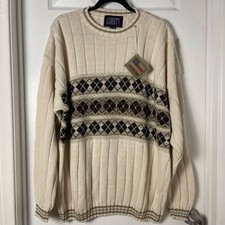 NWT Vintage 90s Liberty Sweater MensXL Cream Argyle Cable Knit Pullover USA Made