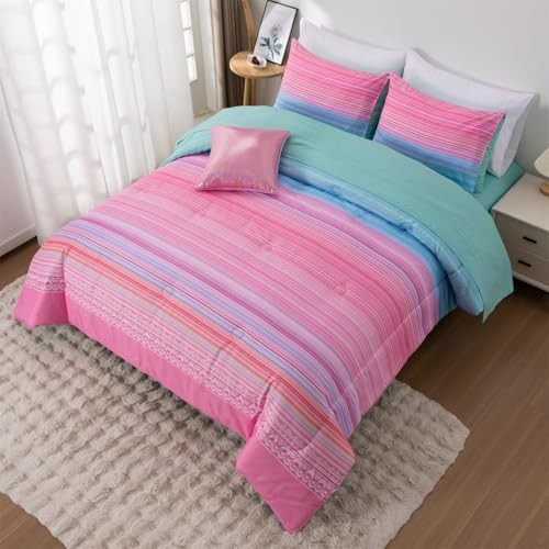 Boho Stripe Bedding Sets 6 Pieces Gradient Striped Comforter Twin Pink Aqua - Picture 3 of 6