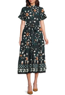 J. Marie Medium Maxine Short Sleeve Button Front Midi Dress Green Floral NWT