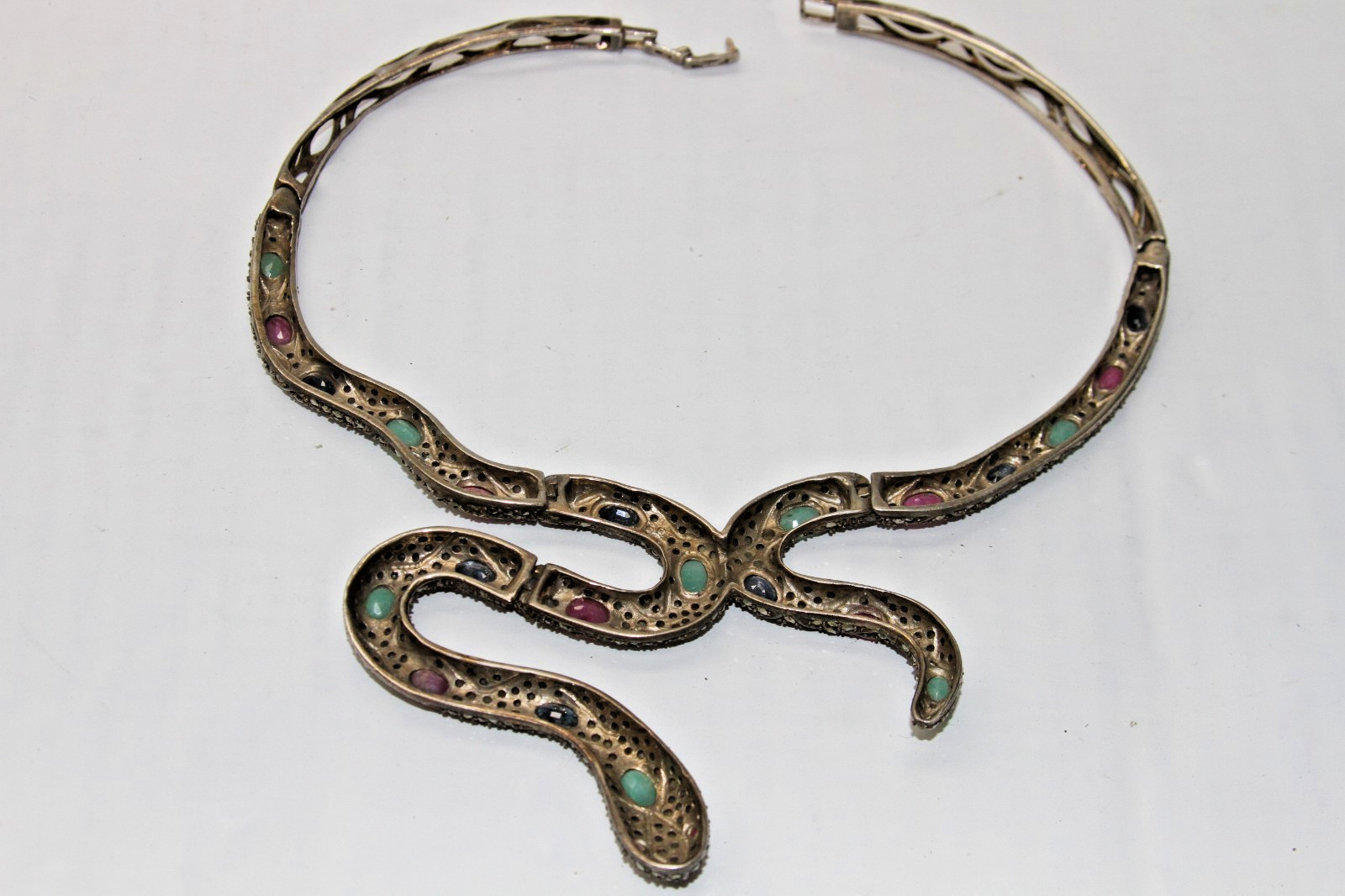 Ruby, Emerald, Sapphire, Marcasite Snake Necklace… - image 11