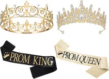 Prom King and Queen Sash Crowns Tiara Set for Birthday Party Golden Colors