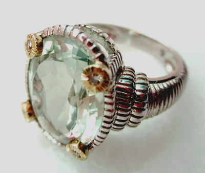 Judith Ripka Ring Sterlingsilber 18 K Gold oval grüner Amethyst mit Diamanten Größe 6