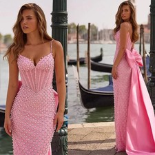 Fashion Pink Prom Dresses Spaghetti Straps Satin Pearls Sequins Bow Evening Gown