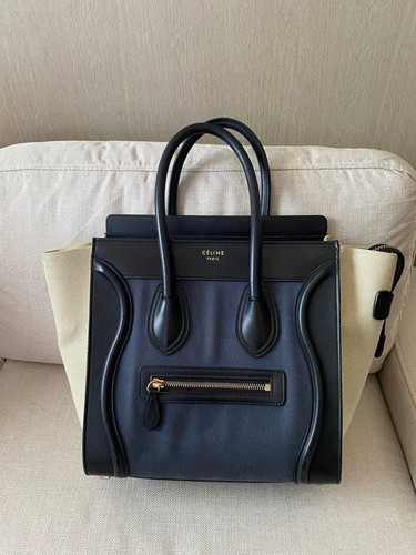 Celine Luggage Micro Shopper Handbag Canvas Navy Beige Black