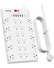 SUPERDANNY 22 Outlet Power Strip Surge Protector AC 6.5 ft White USB-C USB-2.0